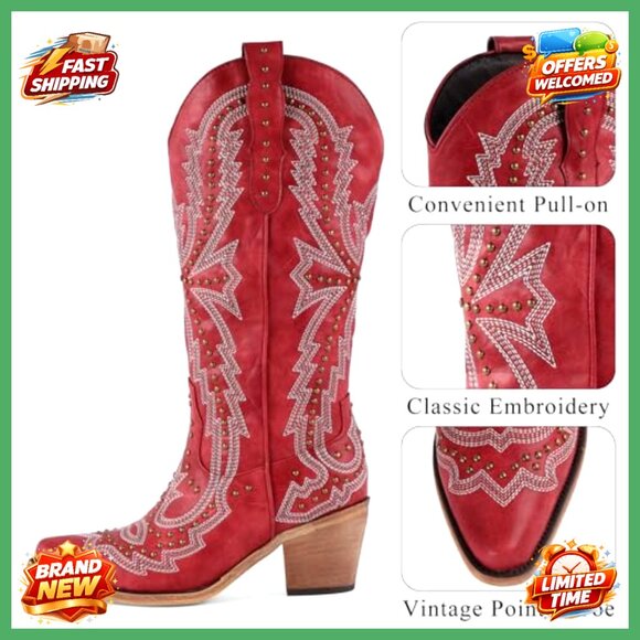 Western Cowgirl Boots Chunky Heel Knee High Pointed Toe Vintage Embroidered - Picture 3 of 7